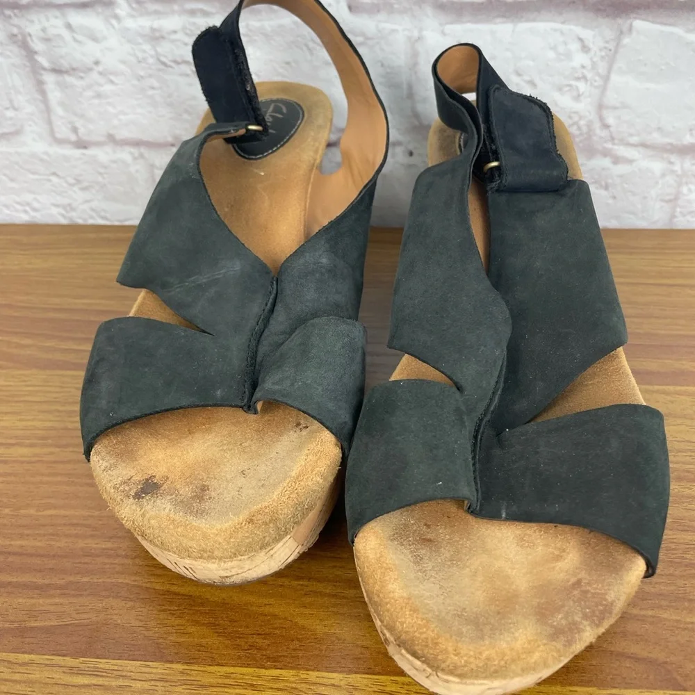 Clarks Artisan Suede Black Cork Wedge Sandals Size 11